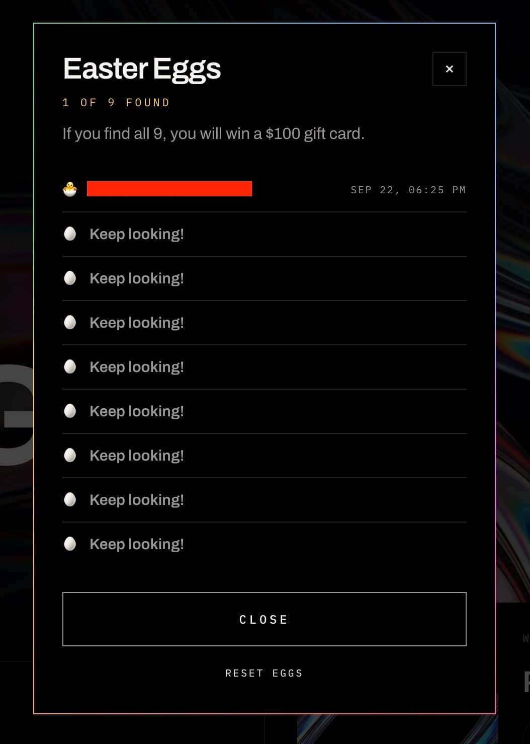 The easter eggs list, one of nine found and the rest still hidden